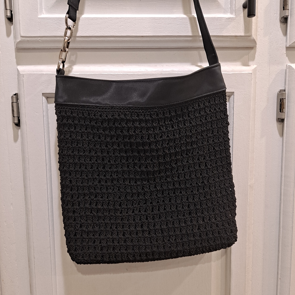 JACKSON Black Cotton Rayon Crochet Woven Shoulder Bag